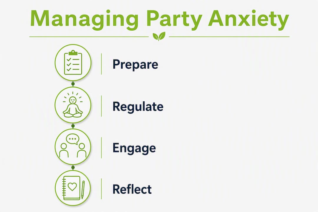 Infographic showing practical steps to manage party anxiety