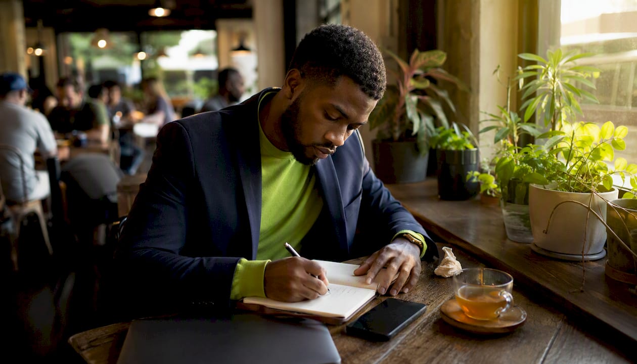Man taking notes on mental health at work