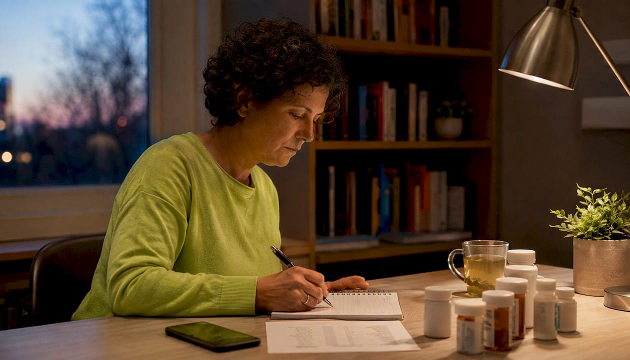 Person taking medication notes at home desk