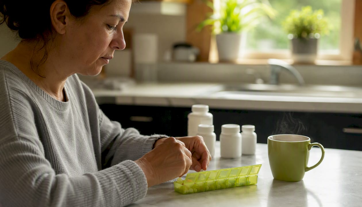 Hands organizing antidepressant pills in pillbox