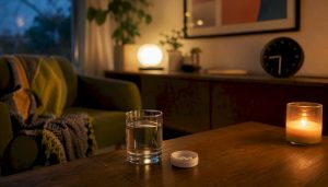 Bedside table with pills and glass of water
