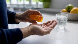 Hands pouring SSRI pills from prescription bottle