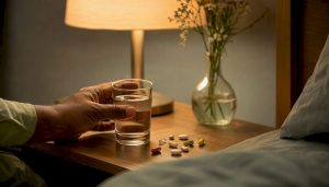 Close-up of hand reaching for antidepressant pills and water