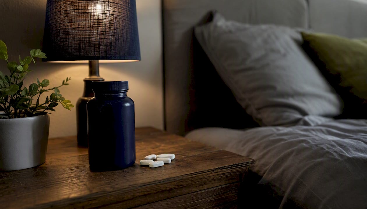Nightstand with medication bottle and dim lamp