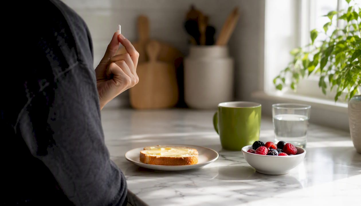 Hand holding antidepressant pill with breakfast plate