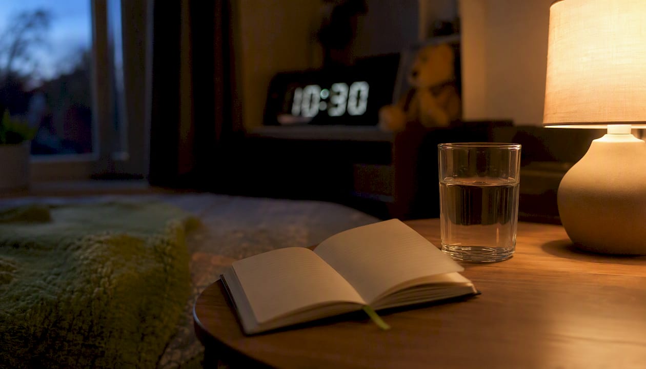 Teen bedroom with journal and glass on bedside table