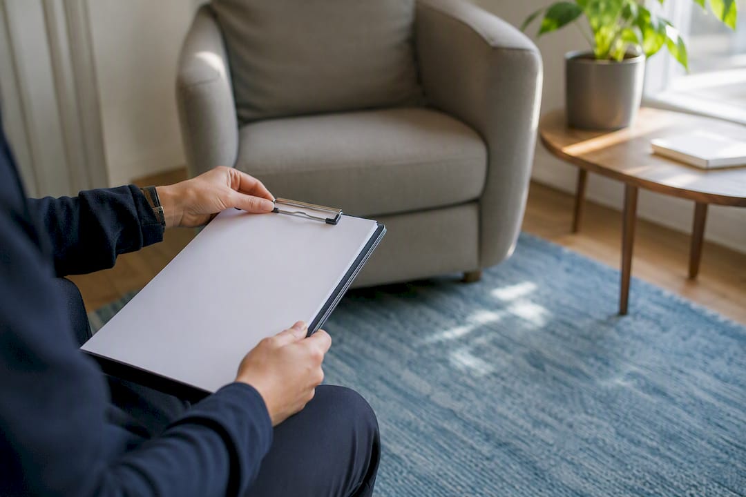 Hands holding pen over therapy clipboard