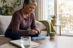 Hands opening pill organizer on kitchen table