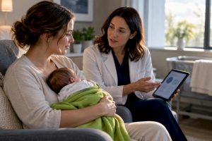 Psychiatrist discussing postpartum treatment with mother