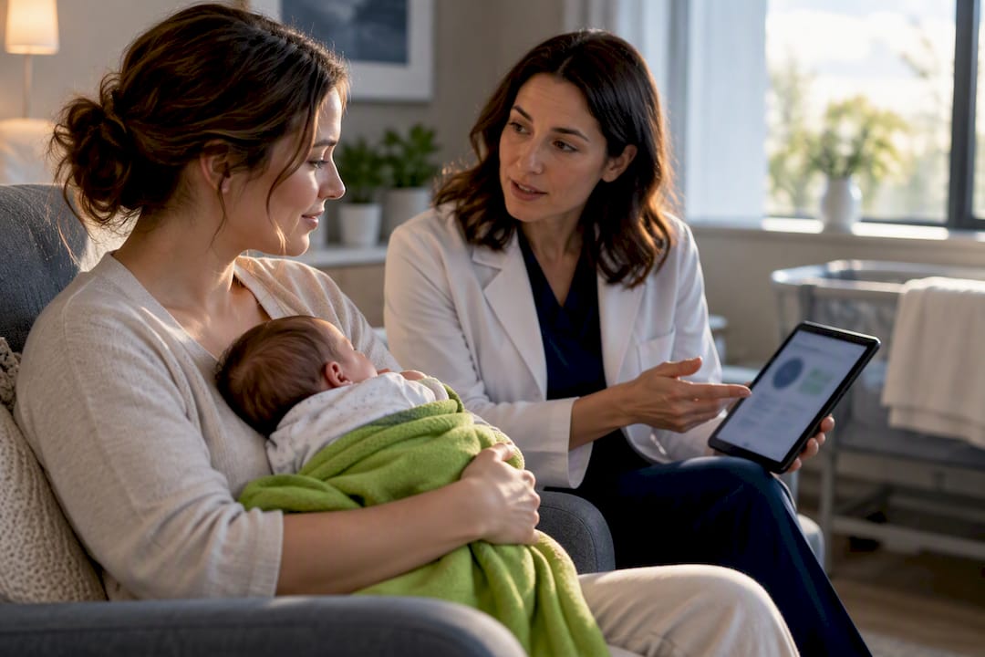 Psychiatrist discussing postpartum treatment with mother