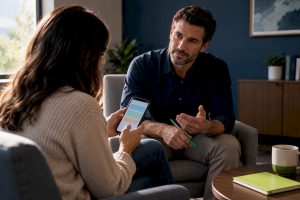 Parent reviewing ADHD symptom log with clinician