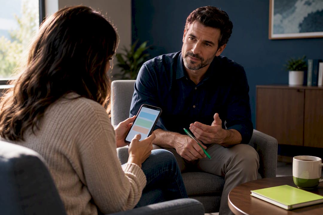 Parent reviewing ADHD symptom log with clinician