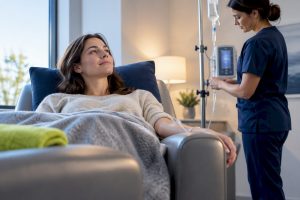 Patient receiving monitored outpatient infusion