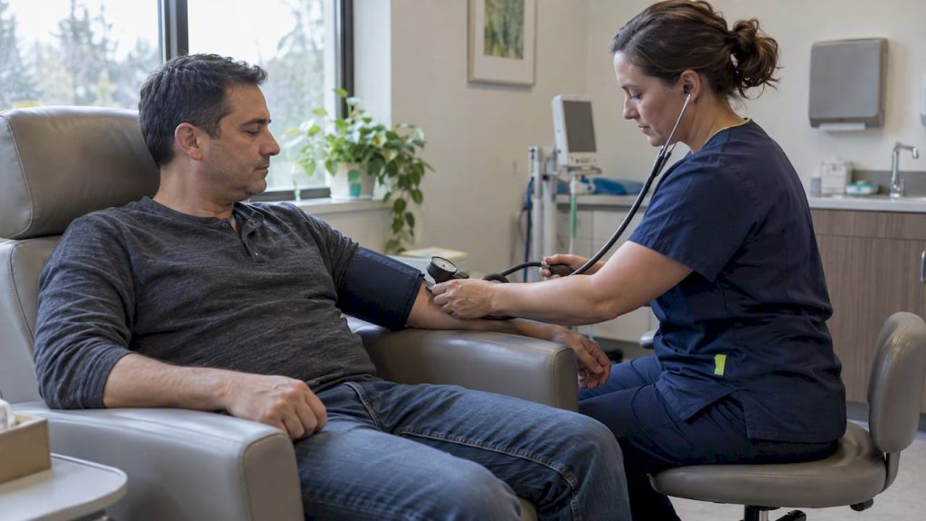 Patient having blood pressure checked in clinic
