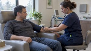 Patient having blood pressure checked in clinic